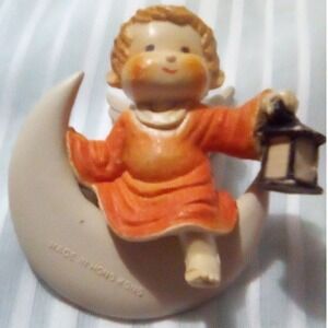 Vintage Angel Sitting on Moon Holding Lantern Figurine Made in Hong Kong